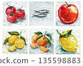 Food impasto painting set featuring tomatoes sardines apple lemon and orange on textured white background for kitchen wall decor 135598883