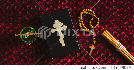 Orthodox church attributes for a home prayer room top view web banner Orthodox church attributes for a home prayer room top view web banner 135599059