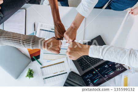Power, with fists. Top view of hands of business people Power, with fists. Top view of hands of business people 135599132