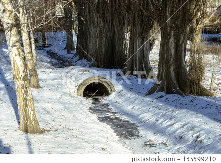 A snow-covered concrete drain pipe on a clear winter day A snow-covered concrete drain pipe on a clear winter day 135599210