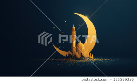 golden crescent moon cradles mosque with tall minaret and dome, set against dark blue background. Birds fly around, adding sense of peace and spirituality to scene 135599356