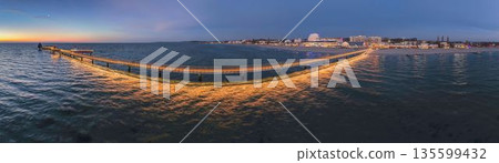 Drone picture along the Groemitz pier leading into the Baltic Sea Drone picture along the Groemitz pier leading into the Baltic Sea 135599432