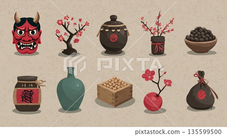 一套插圖，描繪了用於裝飾節分活動的傳統用具，例如紅鬼面具、豆類和梅花。 135599500
