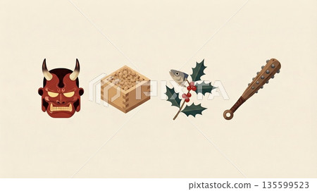 Three-dimensional Setsubun icons, such as a red demon mask seen from above and beans in a box 135599523