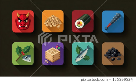 A colorful set of Setsubun icons, including red demons and ehomaki sushi rolls, drawn on a rounded square background 135599524