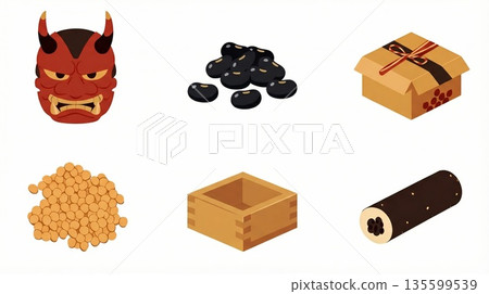 Setsubun icon set featuring three-dimensionally drawn red demon masks, ehomaki sushi rolls, and lucky beans 135599539