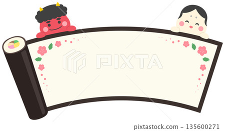 Setsubun Ehomaki frame with red demon and Otafuku decorations Setsubun Ehomaki frame with red demon and Otafuku decorations 135600271