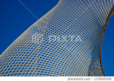 Abstract modern curved metal mesh against clear sky Abstract modern curved metal mesh against clear sky 135600308