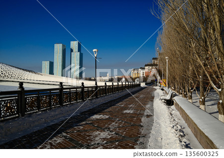 The Atyrau Bridge embankment in Astana Central Park The Atyrau Bridge embankment in Astana Central Park 135600325