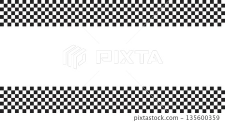 Top and bottom borders with checkered race flag or chess board print. Motocross or rally sport car competition background with empty space. Black and white squares pattern. Vector illustration 135600359