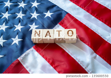 NATO word made by wooden blocks over United States of America flag 135600550