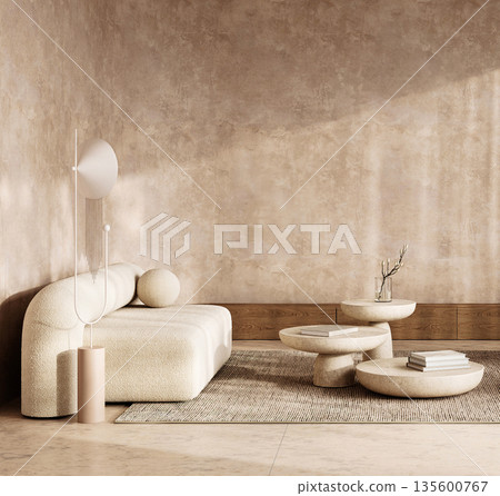 Contemporary scandinavian lounge with curvilinear furniture and statement lighting. 3d render 135600767