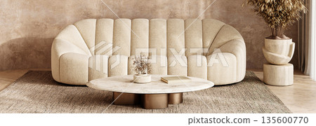 Elegant beige living room with plush sofa and marble coffee table in boho scandinavian style, 3d rendering Elegant beige living room with plush sofa and marble coffee table in boho scandinavian style, 3d rendering 135600770