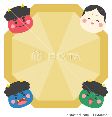 Setsubun frame with red demon, blue demon, green demon and Otafuku Setsubun frame with red demon, blue demon, green demon and Otafuku 135600832
