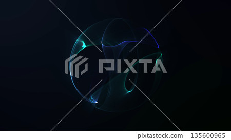 Abstract blue and green glowing fractal energy sphere with smooth plasma waves and luminous digital surface on dark background. Abstract blue and green glowing fractal energy sphere with smooth plasma waves and luminous digital surface on dark background. 135600965