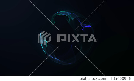 Shiny blue and green fractal energy sphere with flowing light waves on dark background, abstract digital plasma orb, futuristic technology and science visualization. 135600966
