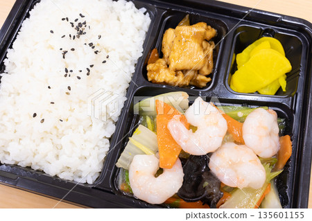 Delicious Chinese bento, fried shrimp and vegetables with salt bento Delicious Chinese bento, fried shrimp and vegetables with salt bento 135601155