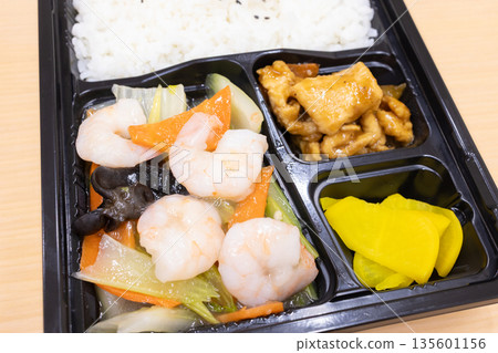 Delicious Chinese bento, fried shrimp and vegetables with salt bento Delicious Chinese bento, fried shrimp and vegetables with salt bento 135601156