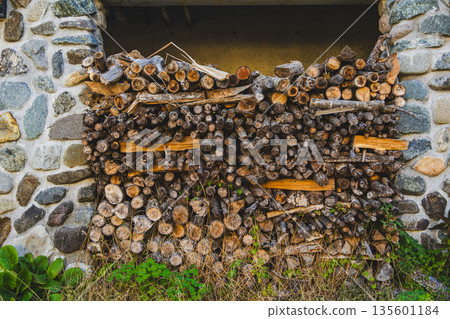 A pile of firewood against a stone wall A pile of firewood against a stone wall 135601184