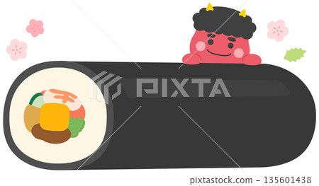 Setsubun demon and ehomaki with cute red demon and plum decorations 135601438