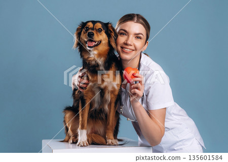 Small read heart, healthcare. Woman veterinarian is with mixed-breed dog Small read heart, healthcare. Woman veterinarian is with mixed-breed dog 135601584