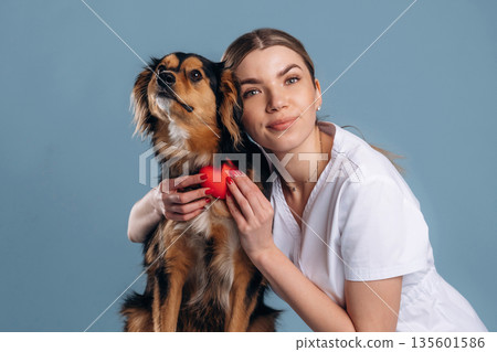 Small read heart, healthcare. Woman veterinarian is with mixed-breed dog 135601586