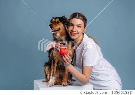 Small read heart, healthcare. Woman veterinarian is with mixed-breed dog 135601588