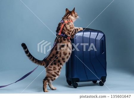 Playing with the suitcase. Beautiful Bengal cat against a light blue background Playing with the suitcase. Beautiful Bengal cat against a light blue background 135601647