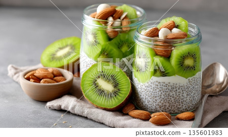 Healthy chia pudding breakfast with layered kiwi and almonds in glass jars 135601983