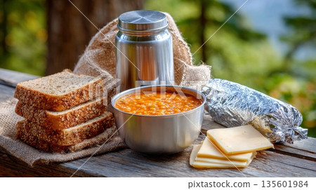 Hearty outdoor lunch of lentil soup in a bowl with whole grain bread and cheese, packed in a thermos for a picnic 135601984