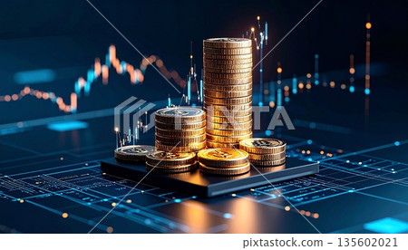 double exposure of coin stack and financial graph 135602021