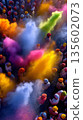 Vibrant holi festival celebration with multicolored powder and diverse participants 135602073