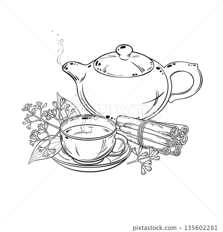 Cinnamon Tea in Teapot Outline Illustration. Cinnamon Tea in Teapot Outline Illustration. 135602281