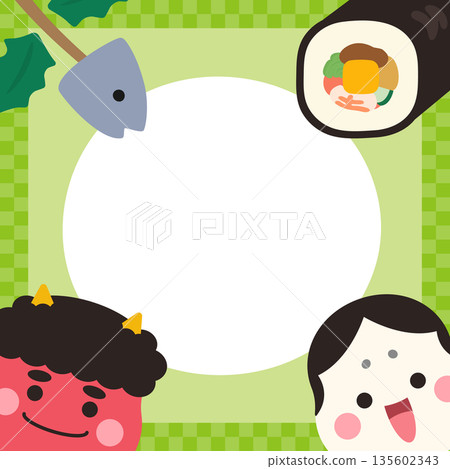 Setsubun square banner material, round frame and yellow-green background 135602343