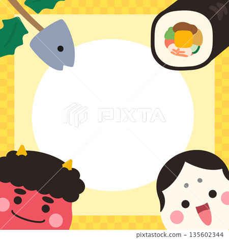 節分方形橫幅材料，圓形框架，黃色背景 135602344