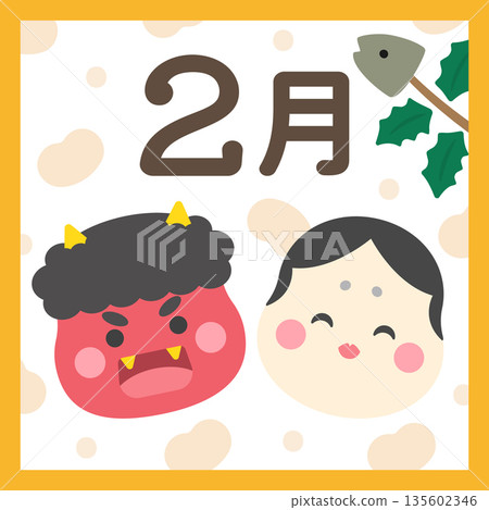 Setsubun demon, beans and Otafuku February illustration square Setsubun demon, beans and Otafuku February illustration square 135602346
