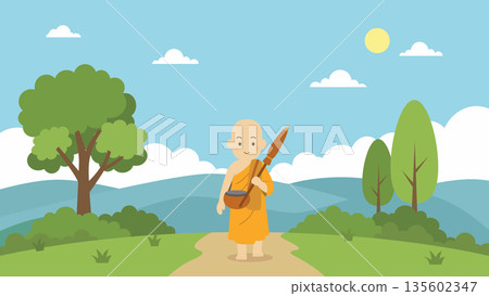 Buddhist Monk Walking on a Nature Path Flat Vector illustration. Young Monk on a Spiritual Journey Through Rural Landscape. Pilgrimage the monk in buddhism.Buddhist Monk with Alms Bowl and Umbrella 135602347