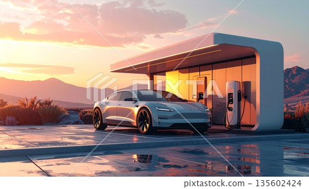 電動車充電站和電動車的逼真影像 135602424