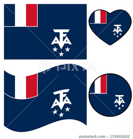 French Southern and Antarctic Lands flag icon. Waving flag of French Southern and Antarctic Lands. Heart French Southern and Antarctic Lands flag. Round French Southern and Antarctic Lands flag. flat  135602682