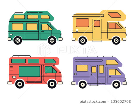 Flat vector illustration of colorful camper vans in side view, showing travel, road trip, camping lifestyle, vacation transport, and outdoor adventure vehicles. Flat vector illustration of colorful camper vans in side view, showing travel, road trip, camping lifestyle, vacation transport, and outdoor adventure vehicles. 135602708
