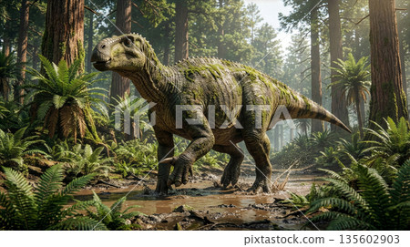 遠古恐龍時代的場景，當時長著尖刺的草食性恐龍禽龍和霸王龍稱霸一方（CG） 135602903