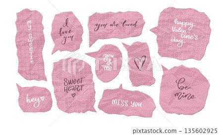 Valentines day vector crumples paper pink speech bubble with love messages - I love you, be mine, sweetheart etc. Cartoon icons, stickers, vintage collage vector design. 135602925