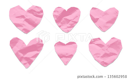 Set of pink paper hearts on transparent background, dotted halftone collage elements with gritty texture of crumpled paper, jagged edges. Vintage love and romance, cute stickers. Vector Set of pink paper hearts on transparent background, dotted halftone collage elements with gritty texture of crumpled paper, jagged edges. Vintage love and romance, cute stickers. Vector 135602958