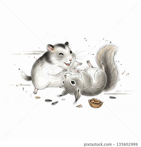 一幅水彩插畫，描繪了一隻倉鼠和一隻松鼠在秋日氣息中嬉戲玩耍的場景。 135602999