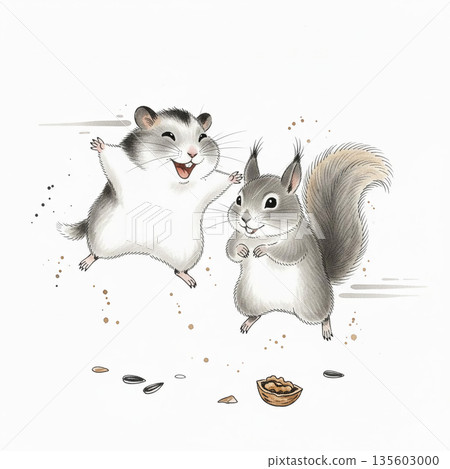 一幅水彩插畫,描繪了一隻倉鼠和一隻松鼠在秋日氣息中嬉戲玩耍的場景。 一幅水彩插畫,描繪了一隻倉鼠和一隻松鼠在秋日氣息中嬉戲玩耍的場景。 135603000