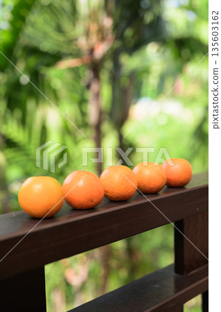 Five Fresh Oranges with Tropical Leaves Background for Healthy Lifestyle Concept 135603162