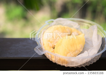 Fresh Durian Fruit Ready to Eat with Tropical Leaves Background 135603188