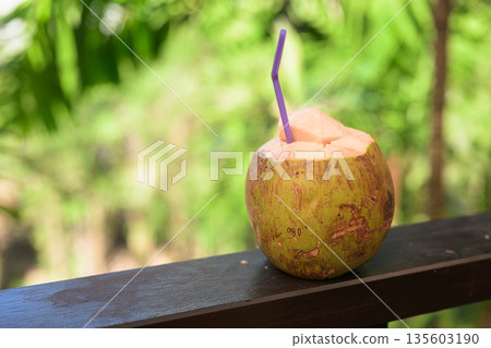 Fresh Coconut with Tropical Leaves Background for Healthy Lifestyle Concept 135603190