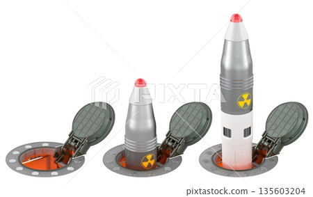 Stages of missile launch from underground silo with open hatch and rising rocket, nuclear weapon concept. 3D rendering 135603204