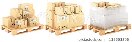 Three pallet packaging stages with cardboard boxes, from loose stacked to shrink wrapped load, 3D rendering 135603206